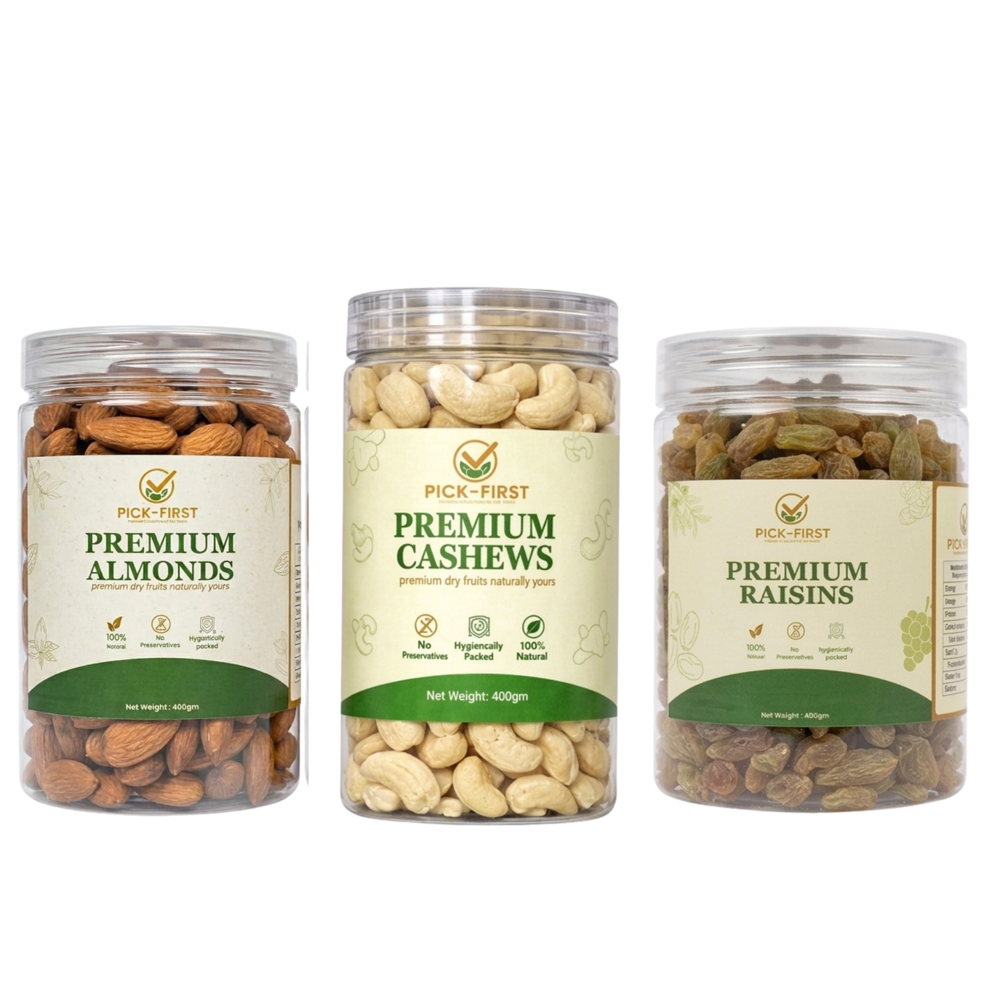 Cashew, Almond & Green Raisins Mix – 400g Each