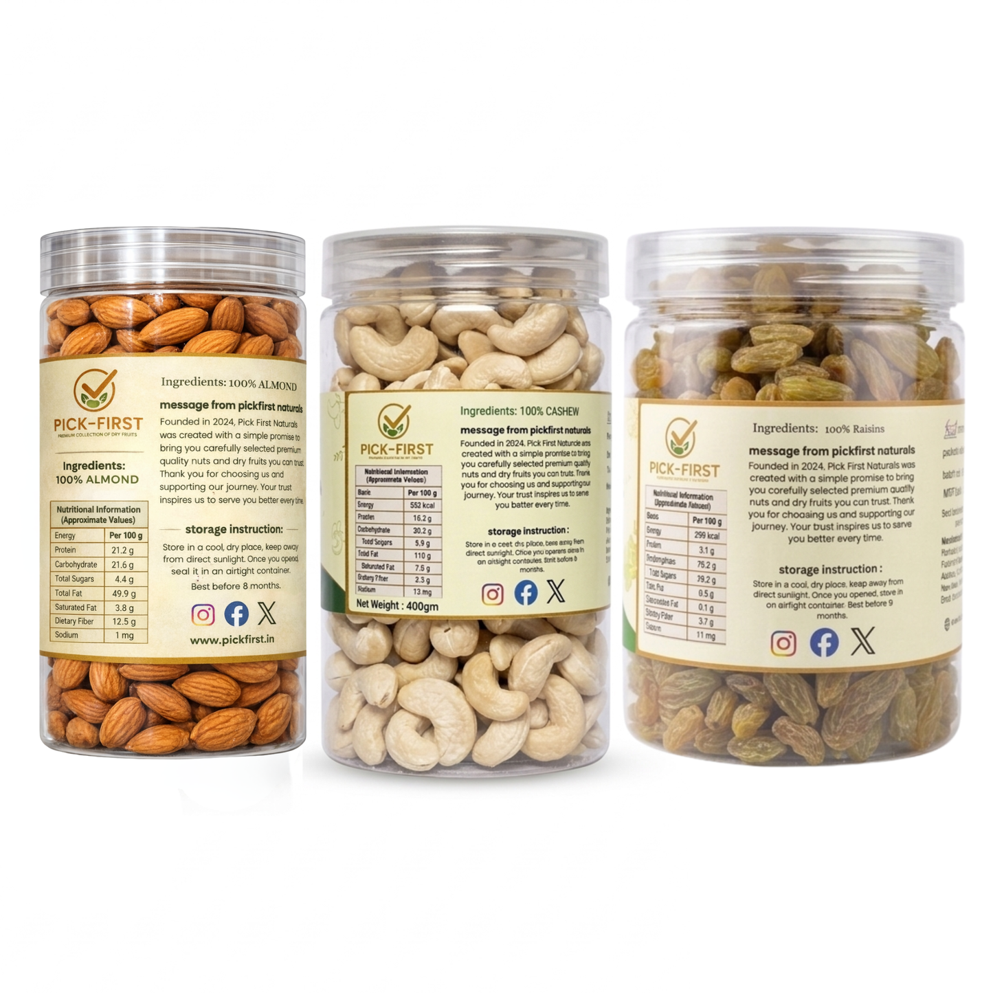 Cashew, Almond & Green Raisins Mix – 400g Each