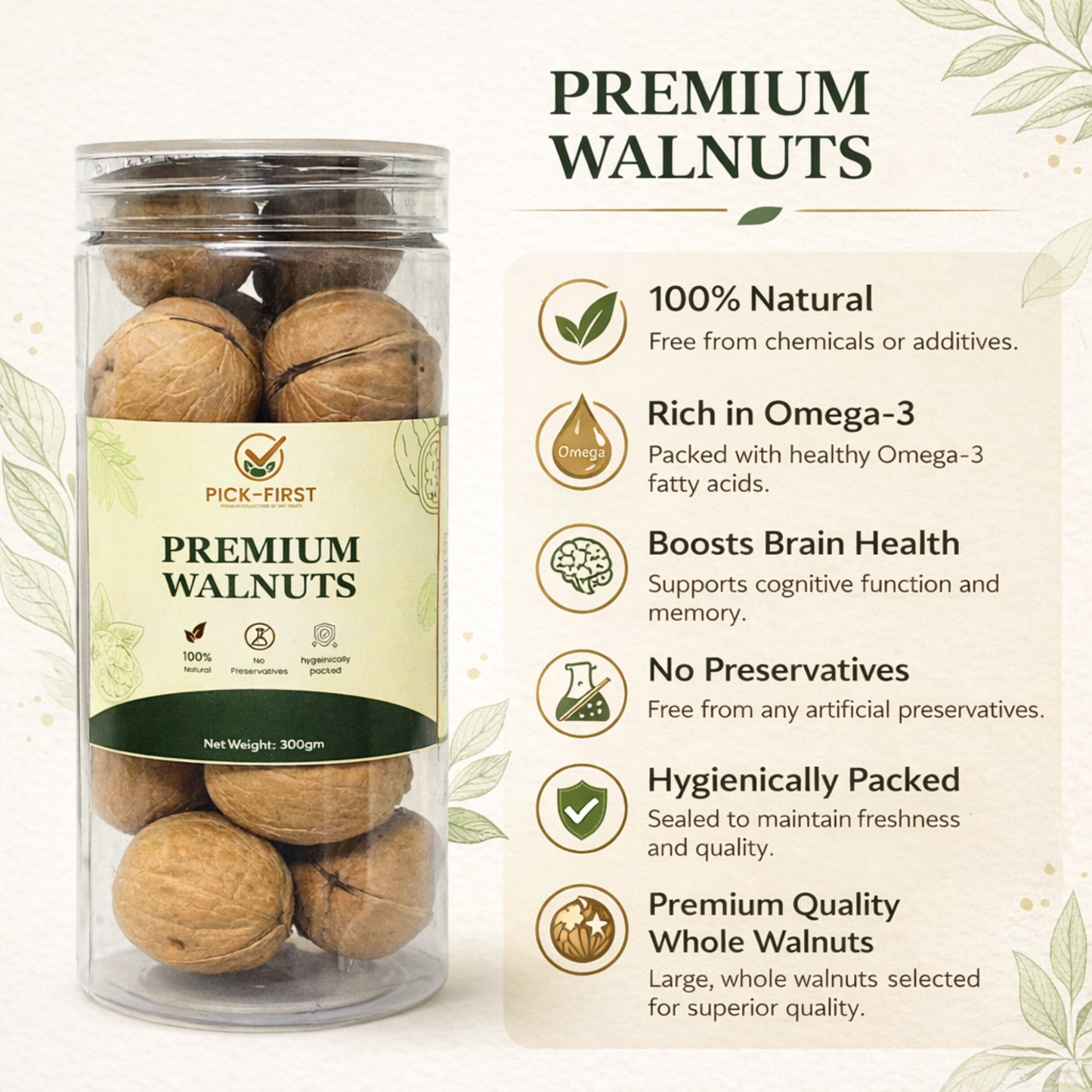 Pick First Naturals Whole Walnuts – Pack of 2 (300g Each)