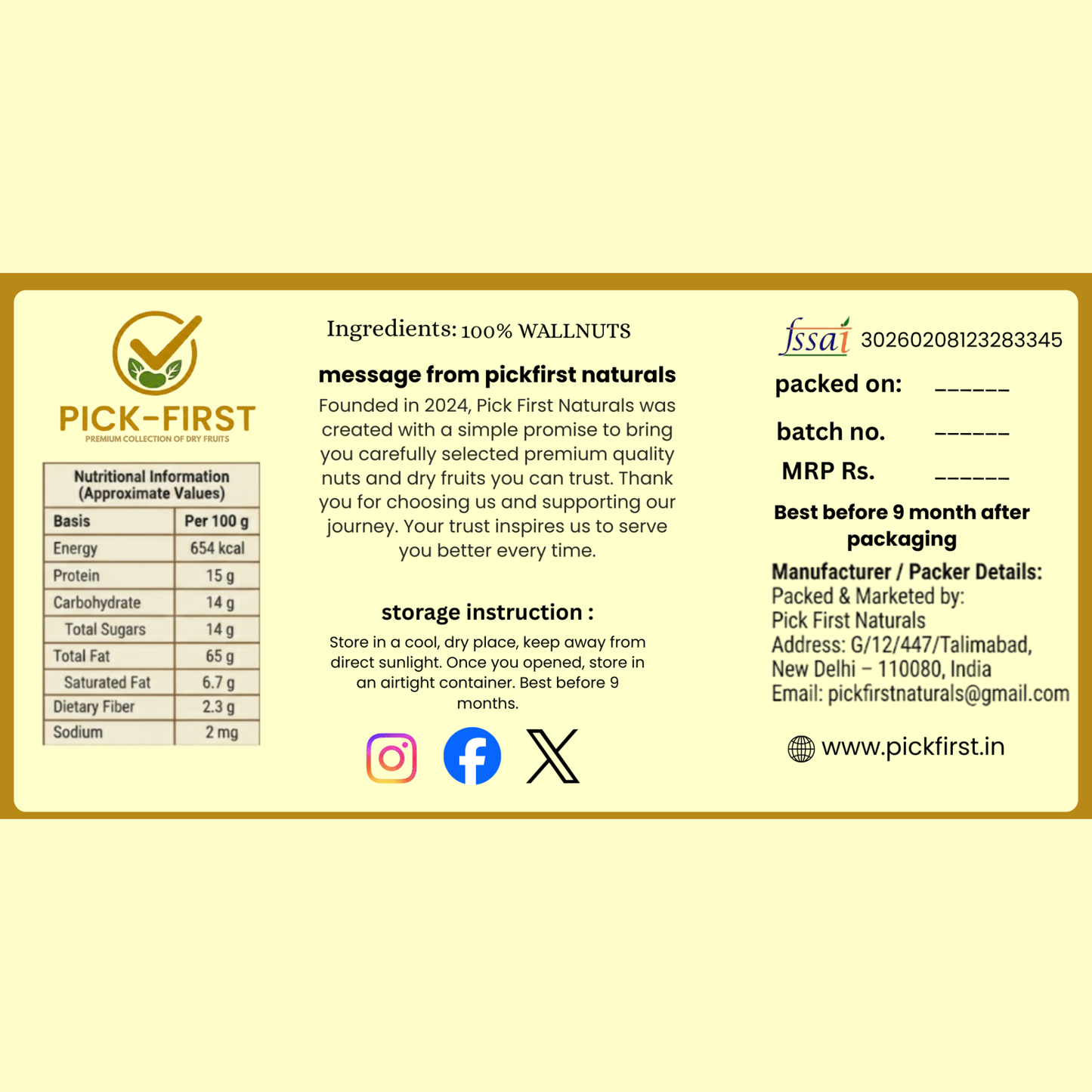 Pick First Naturals Whole Walnuts – Pack of 4 (300g Each)